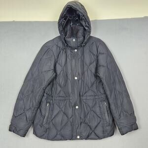 Lands' End Puffer Jacket Womens Large 14-16 Black Hooded Down Quilted Winter